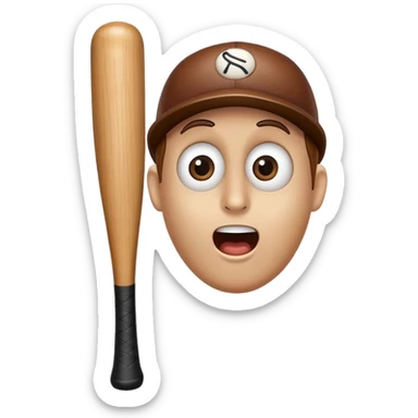 Classic wooden baseball bat with a face having round eyes, a small nose, and a surprised mouth sticker