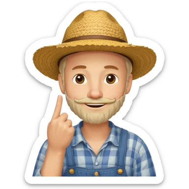 “A single emoji-style character combining 👨‍🌾😄 and 🤔: a smiling farmer man with a straw hat, friendly face, and light beard, holding one hand under his chin in a thinking gesture. His index finger rests under his face, eyes looking slightly upward as if thinking.  sticker