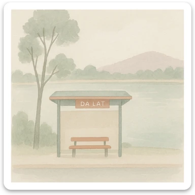 soft watercolor illustration in a minimalist, modern style, bus stop in Da Lat next to Lake Xuân Hương, pastel colors, delicate linework, gentle whimsical mood, minimal soft shading sticker
