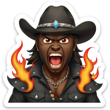 angry heavy metal guy screaming wearing a cowboy with flames coming out his back sticker