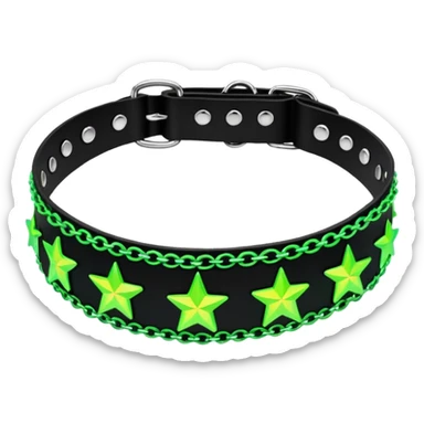 black iridescent thick plastic embroidered collar with neon-green stars and lime-green chains on it   sticker