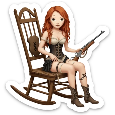 realistic cinematic Tori Amos sits on a rocking chair in a torn corset, holding an antique rifle and her bare feet are muddy. A white snake is wrapped around the chair. sticker