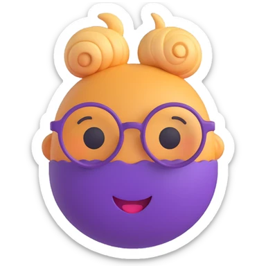 3D smiley emoji, round shape, grandmother with glasses, bun hairstyle, purple color, smiling face sticker