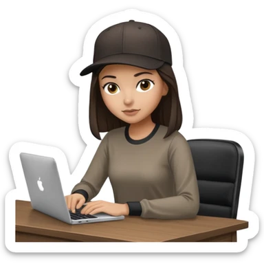 A professional 3D avatar of a young woman with olive skin and long, dark brown hair, wearing a dark, long-sleeved classy taupe shirt and a black baseball cap. She's sitting at a sleek wooden desk, typing and looking at a silver MacBook.  sticker