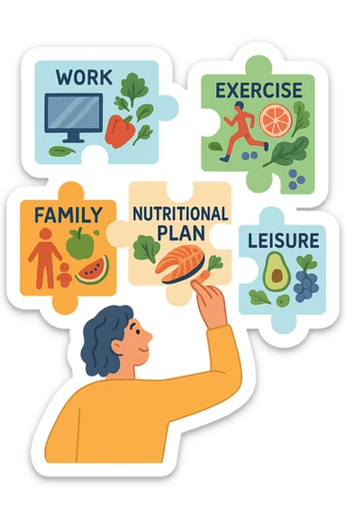 a person is surrounded by puzzle pieces, each representing a different aspect of their life (work, exercise, family, leisure), and healthy foods are integrated into each piece. The person assembles the puzzle, creating a complete, personalized nutrition plan. The mood is uplifting and creative. in italiano sticker