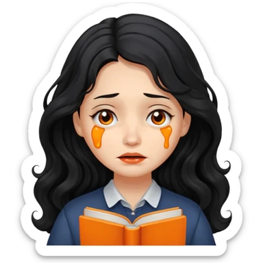 Long Hair Women with orrange Book, Black wavy hair, sad, crying

 sticker