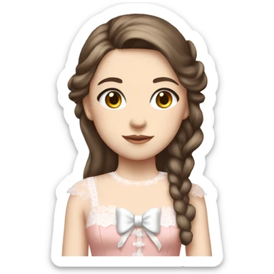full body, girl standing, pale skin, long brunette hair, wearing lolita pink dress with white lace, wearing a pretty white bow on top of her head sticker