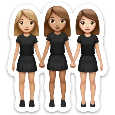 emoji of a girl with long, straight light brown hair, fair skin, soft brown eyes. Wearing a stylish black top and mini skirt. Full-height, standing confidently with shoulders back, head up, smiling proudly. Surrounded by 3 women next to her, holding hands. women have different eye color sticker