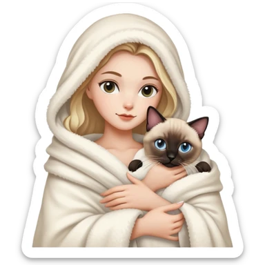A white girl wrapped in a blanket holding a Siamese cat sticker