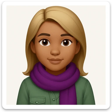 Edit the image of a girl with wheatish complexion, light green shirt, and jeans to change the scarf color to purple. Keep the rest of the image the same. The original style is emoji style, so maintain a simple and clean emoji-like appearance. sticker