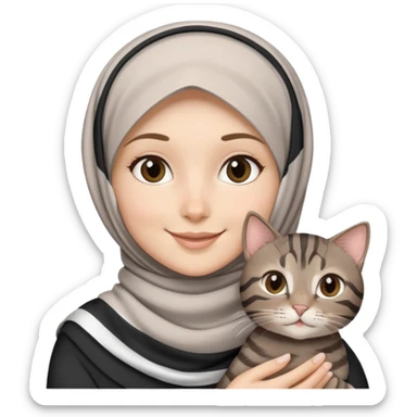 White girl wearing hijab smiling while holding a black grey brown stripes tabby cat sticker