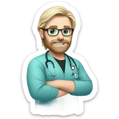 male blond doctor with grey beard with blue-green eyes and wire glasses in black scrubs holding a paintbrush sticker