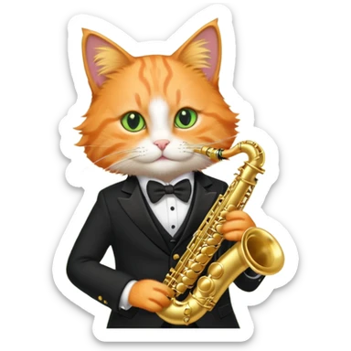orange cat play gold saxophone, wear black suit sticker