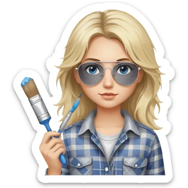 girl with long blond messy hair, wearing grey plaid shirt with blue eyes and aviator sunglasses wearing a ring on her silver necklace, holding a paint brush roller with a small bit of white paint on her face sticker