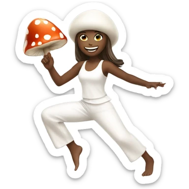 Girl wearing an all white dancing outfit dancing with a mushroom  sticker