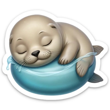 Meme-Worthy cute Sleeping Seal Portrait Emoji, Head resting peacefully with a contented smile, showcasing a luxuriously smooth, glossy form and eyes gently closed in serene slumber, Simplified yet hilariously adorable features, highly detailed, glowing with a soft, drowsy ocean light, high shine, relaxed and utterly lovable, stylized with an air of playful laziness, bright and heartwarming, soft glowing outline, capturing the essence of a sleeping seal that feels destined to become the next viral sensation of adorable rest! sticker