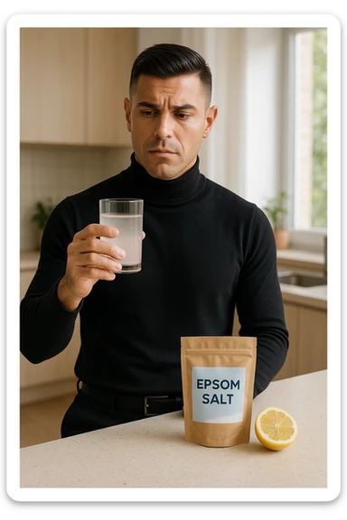 A realistic, bright photo-style image of a young man in his 30s standing in his kitchen, holding a clear glass filled with water in which Epsom salt (magnesium sulfate) has been dissolved. He looks focused but slightly uncertain as he prepares to drink it for a liver flush or digestive cleanse. The glass shows slight cloudiness from the dissolved salt. On the counter are a packet labeled 'Epsom Salt' and a sliced lemon, suggesting he might use it to mask the taste. The setting is clean, natural, and bright with neutral tones. The background shows sunlight streaming through a window, emphasizing a clean, minimalist health-focused environment. The mood conveys a realistic, calm moment of self-care with a hint of discomfort, illustrating a natural detox practice in italiano sticker