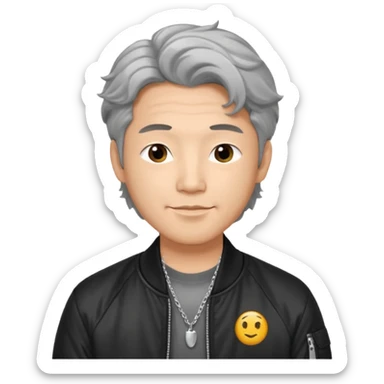Handsome and mature Asian guy wavy hair, wearing silver necklace, dressed cool in black bomber jacket, demure but with a smirk  sticker
