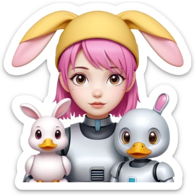 Make me a cute robot and a cute duck with a yellow hat beside a girl with pink hair white skin cute face bunny beg  sticker