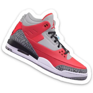 3D Emoji style cartoon sneaker based on DJ Khaled Grateful Air Jordan 3, University Red, Black, Cement Grey, with arms and legs, cheerful vibe sticker