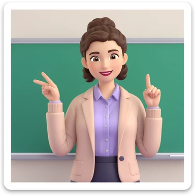 Professional 3D cartoon female character, medium-length hair in bun or waves, expressive eyebrows, smiling warmly, light cardigan or blazer over pastel collared shirt, one hand resting on whiteboard, other hand pointing sideways, business or educational setting, neutral indoor background sticker