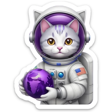 Cartoon grey and white cat in an astronaut suit holding a big purple planet with a dark purple ring sticker
