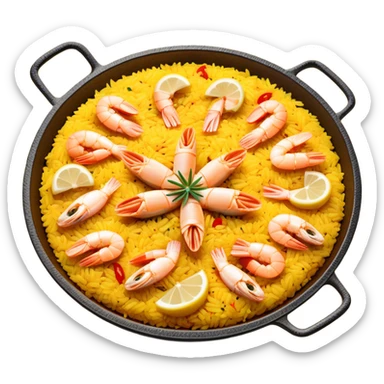 cinematic-realistic-paella-dish-emoji,-depicted-as-a-vibrant,-aromatic-rice-dish-loaded-with-seafood,-chicken,-and-saffron-rendered-with-rich-textures-and-dynamic,-warm-lighting with a lemon slice in the middle sticker
