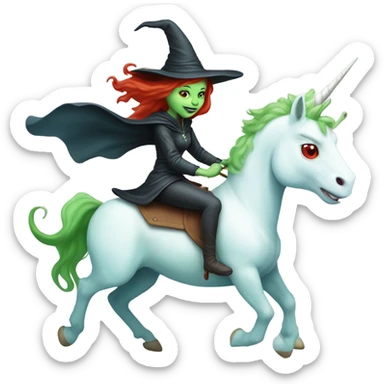 [politically incorrect, (
	{ female, alien, witch, color: light green, hair:red, eyes:cat} ]
	on a 
	[{ unicorn: white, legged:four, mane: light blue }]) sticker