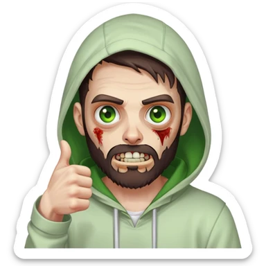 zombie with thumbs up gesture, undercut hairstyle with dark brown hair, short full beard, heterochromia with one green eye and one brown eye, wearing plain white hoodie with hood up sticker