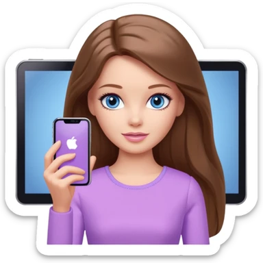 beautiful barbie girl with long brown hair, blue eyes and wearing light purple clothes watching netflix on tv sticker