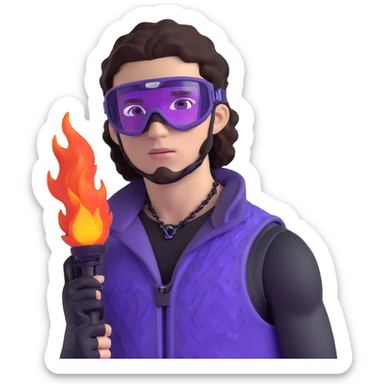 close-up of bad guy male athlete with white skin and moderately curly dark brown hair on top with shaved sides, wearing ski goggles with purple frames and very dark black lenses, a simple plain black chain necklace, and a completely unzipped sleeveless vest with purple and black sequin fire pattern design with no logo, with an extremely arrogant sneer on his face, looking menacing and villainous, exuding overconfidence and a threatening aura sticker