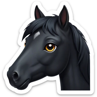 Cinematic Cute Black Horse Portrait Emoji, Head tilted playfully and inquisitively, showcasing a glossy black fur with a striking sheen and expressive dark eyes filled with curiosity, Simplified yet irresistibly adorable features, highly detailed, glowing with a warm, friendly glow, high shine, affectionate and spirited, stylized with a touch of whimsy, bright and endearing, soft glowing outline, capturing the essence of a mischievous yet loving horse, so playful it feels like it could trot out of the screen and into your arms! sticker