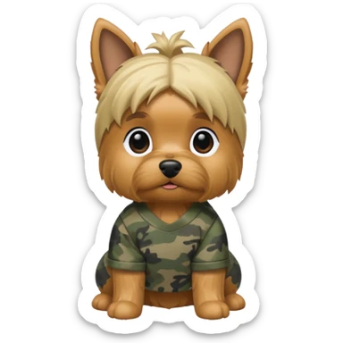 grey and blonde yorkie wearing camo sticker