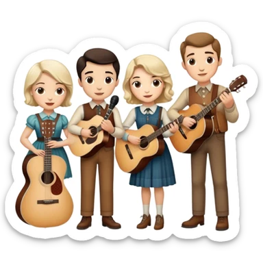 Icon for Country Music: The Carter Family—Alvin, Ezra, Sara, and Maybelle Carter—grouped together with a vintage microphone, acoustic guitars, and Appalachian folk aesthetics. A warm, nostalgic atmosphere represents their influence on country music. Transparent background. sticker