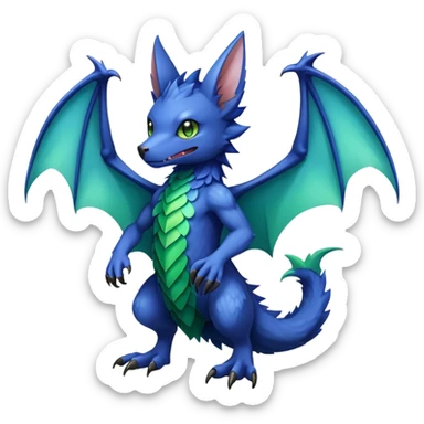 Cute cool fantasy animal hybrid bat-Sergal-Digimon-Fakemon full body, green scales, brown eyes, blue feathers sticker