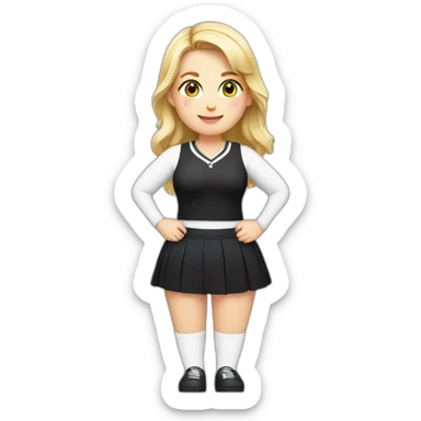 Front view full body curvy caucasian beauty sitting straight hands up black skirt white knickers white socks sticker