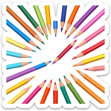 Cinematic Realistic image of a set of finely sharpened colouring pencils arranged neatly on crisp paper, rendered with vibrant hues and detailed pencil textures, illuminated by soft, creative lighting that captures the spirit of artistic expression sticker
