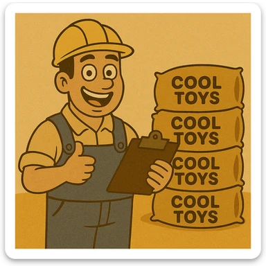 Change the background to a pure, solid color while keeping the cheerful, modern cartoon style of the factory worker and the golden bags labeled 'cool toys' in the scene. sticker