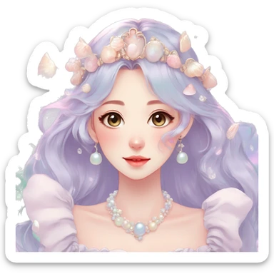 Gorgeous pastel anime style lady with blushing face and seashells tiara pearls dress necklace cottagecore fairycore pastelcore colorful pearly romantic simplistic aesthetic trending style sticker
