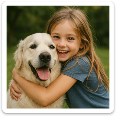 dirty blonde girl with long hair and dark blue eyes, hugging an English cream golden retriever, affectionate and playful sticker