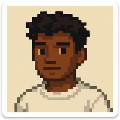 Make the boy slightly darker with tanned skin, keeping his black wavy hair, black eyes, no beard or mustache, and wearing a white sweatshirt. The style should resemble pixel art style. sticker