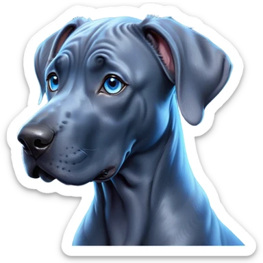 Cinematic Cute Blue Great Dane Portrait Emoji, Head tilted playfully and inquisitively, featuring a glossy blue Fur with a refined sheen, round, sparkling steel-blue eyes filled with curiosity, Simplified yet irresistibly adorable features, highly detailed, glowing with a warm, friendly glow, high shine, affectionate and gentle, stylized with a touch of whimsy, bright and endearing, soft glowing outline, capturing the essence of a mischievous yet loving pup, so playful it feels like it could lumber out of the screen and into your arms! sticker