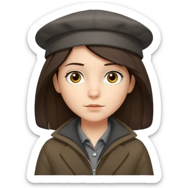 Hobo tomboy with shoulder-length center-parted dark brown hair. brown eyes, dark dull brown coat, grey shirt. Flat crown bolero hat sticker