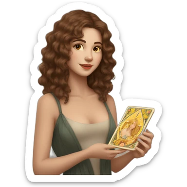 A wavy brown haired girl with a deck of tarot cards with golden star sticker