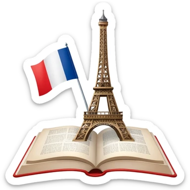 An icon featuring the Eiffel Tower and the flag of France, symbolizing the French language. The design includes an open book with French text, representing language learning and French culture. Transparent background highlights the elegance of the French-speaking world. sticker
