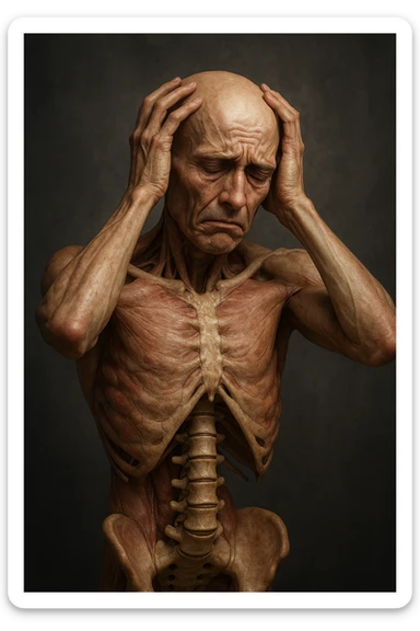 CORPO UMANO ANATOMICO con spina dorsale in evidenza, molto stanca e stressata mentre si tiene le mani sulla testa, IPERREALISTICO 4K sticker