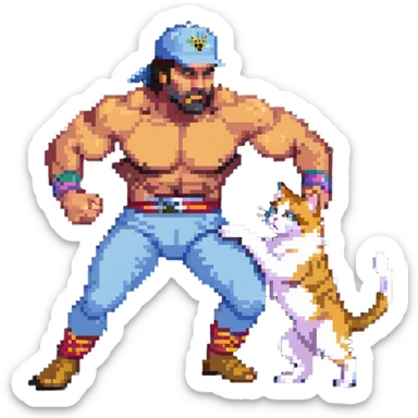 Razor Ramon wrestler from WWF defeating a cat wearing a cap sticker