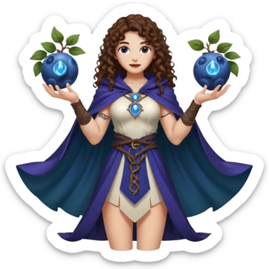 full body woman long curly brown hair brown eyes white skin tattoos muscular build blueberry forest mage cloak, glowing berry orbs floating sticker