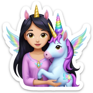 Earthreal sparkly angelic mystical magical shiny pretty Fairy. Dark Brown eyes. Caramel skin. Long black hair. White, hot pink and light blue and lavender and light green and light yellow fairy wings. Pet unicorn  sticker