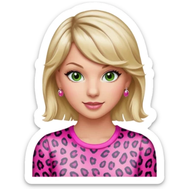 Green eyed smiling Taylor Swift wearing a pink leopard print outfit with hair that is half blonde and half pink sticker
